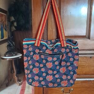 Chic Floral Tote Bag with Red and Blue Design